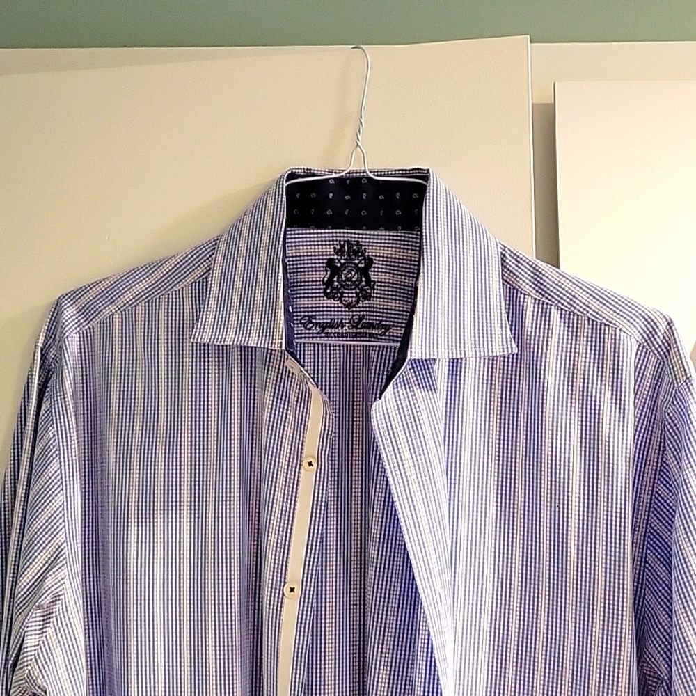 English Laundry by Christopher wicks 16.5 32/33 Blue strip/check button down